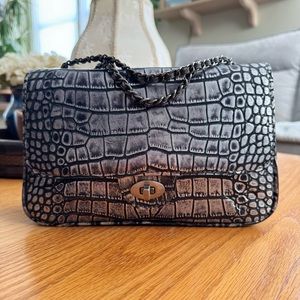 PATRICIA NASH SILVER LEATHER CLASSIC FLAP BAG CROC EMBOSSED CROSSBODY SHOULDER